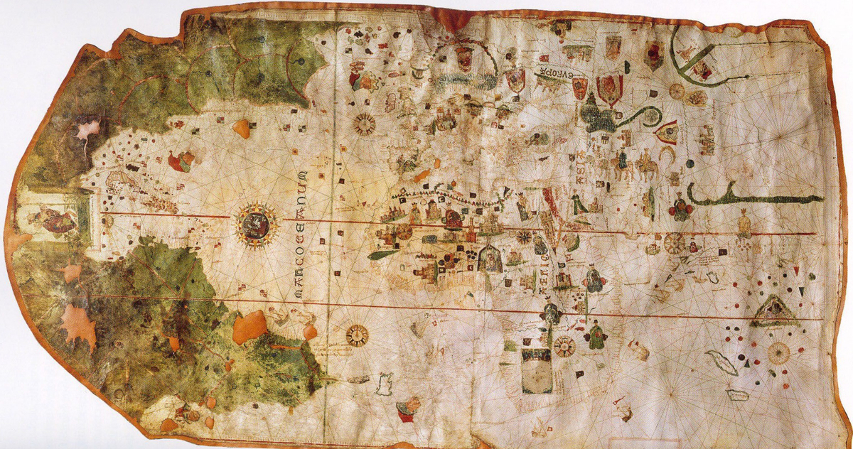 This map is the earliest definitive depiction of the Americas by a European. It was drawn by Juan de la Cosa, a cartographer who accompanied Christopher Columbus on his first voyage to what would soon be known as the 