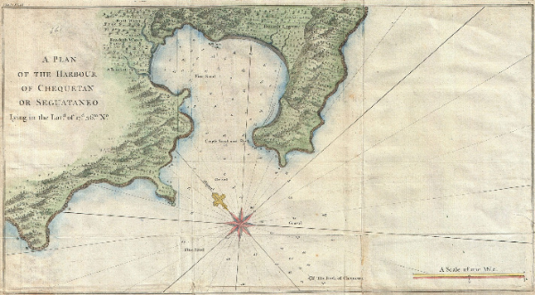 Plan
            of the Harbour of Chequetan or Seguataneo Lying in the Lat.d
            of 17 d. 36 m. No.,Description,English: An extremely
            attractive 1745 map of the Mexican harbor of Zihuatanejo Bay
            by George Anson