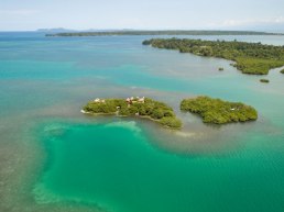 Monkey Island Foundation, located in Bocas del Toro, shot from the sky with a drone in a sunny day