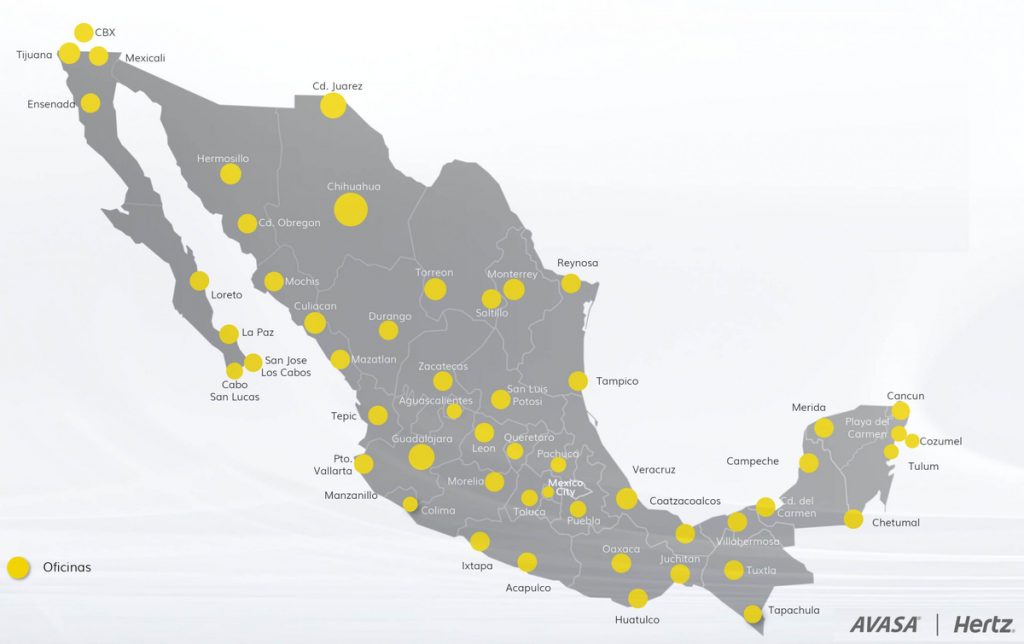 Map of locations of Hertz renatal cars in Mexico 