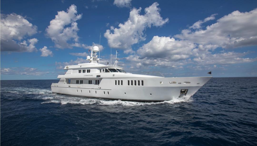 Specifications Structural Yard : Royal Denship Type : Motor yacht Guests : 10 Crew : 7 Cabins : 5 Length : 41.8 m / 137′2″ Beam : 8.1 m / 26′7″ Draft : 2.3 m / 7′7″ Year of build : 2003 Displacement : Full displacement Mechanical Type of engine : Diesel Brand : CAT Engine power : 600 hp Total power : 1200 hp Maximum speed : 13.5 knots Cruising speed : 10 knots Range : 4300 nm 