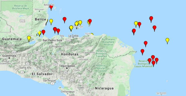 Northeast Coast of Nicaragua and Honduras In the recent past, criminal elements have boarded, held at gunpoint and ransacked vessels passing through this region. The chart below is a composite of incidents between 2014 and 2020 for the area from the Caribbean Safety and Security Net (CSSN), linked here at https://safetyandsecuritynet.org/. Red pins represent attacks, and yellow pins represent attempted attacks.