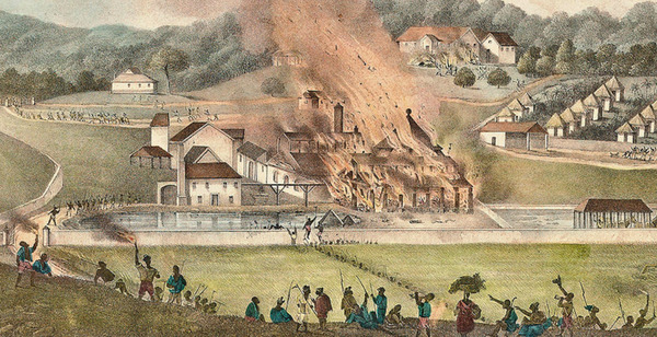 Painting by Adolphe Duperly depicting the Roehampton Estate in St. James, Jamaica, being destroyed by fire during the uprising. 