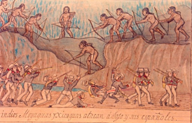 Native Moyaguas and Xicaguas tribes attack Spanish soldiers led by conquistador Diego de Sojo, 1639.